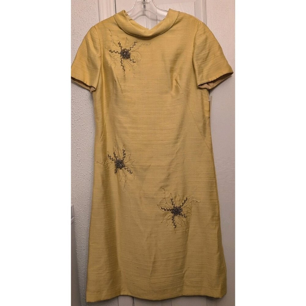 Vintage 60s Henry Lee Yellow Mid-Length Dress Women's 8/10 Beaded Lined Embroide